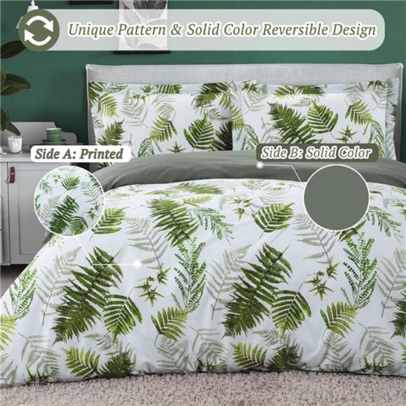 100% Long-Staple Cotton Duvet Cover Set King Size Green Palm Leaf - Picture 5 of 7